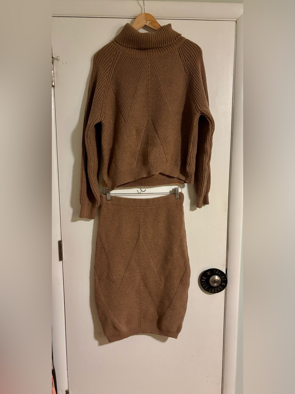 Brown Knit Turtleneck Sweater & Pencil Skirt Set